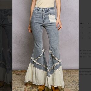 💕POL “ Marcella 3“ POL Stretchy Denim Pants with Flared Leg and Gauze Ruffle 44